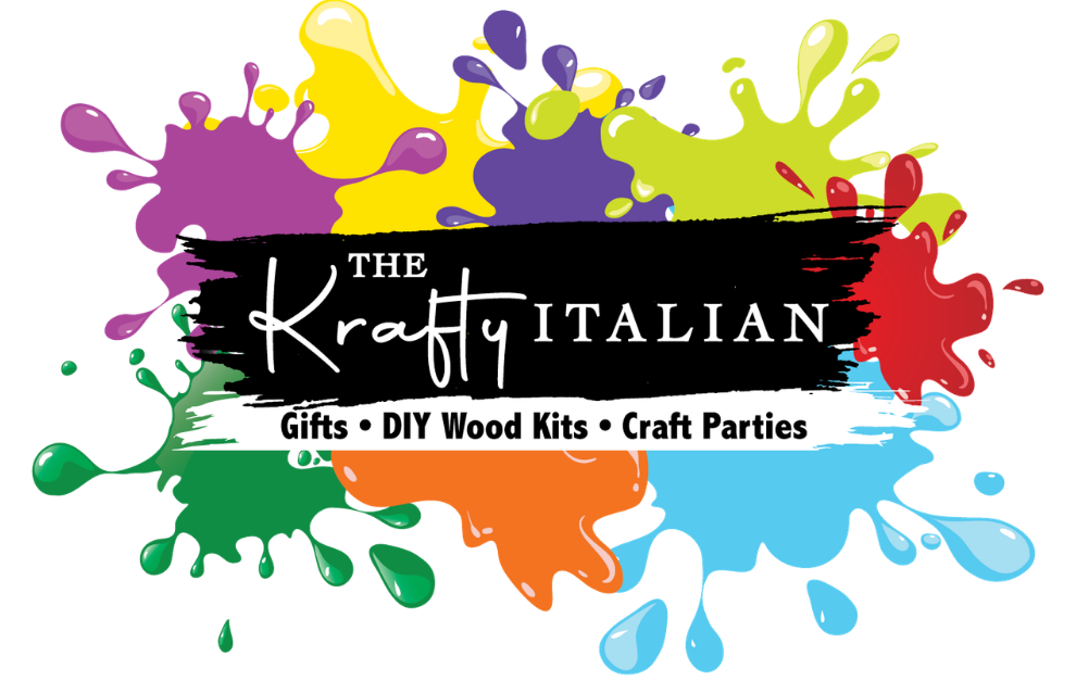 Logo for The Krafty Italian with colourful paint splashes in the background and text reading "Gifts • DIY Wood Kits • Craft Parties.