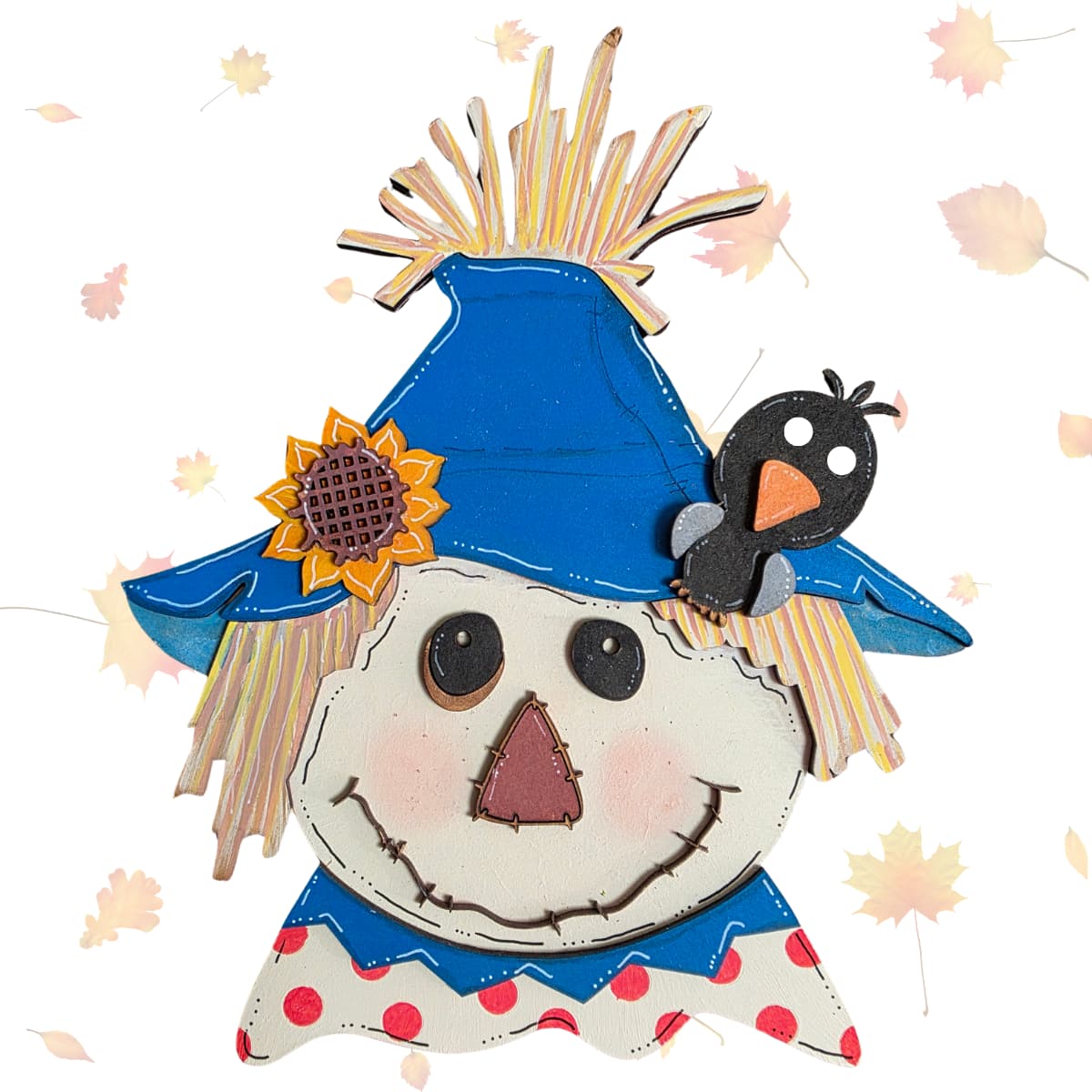 A cheerful scarecrow with a blue hat, sunflower, and a black bird on its head, smiling against a white background with falling autumn leaves.