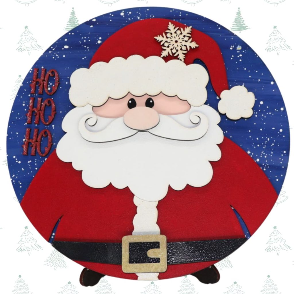 Cartoon Father Christmas with a fluffy white beard, red suit, and hat stands in front of a snowy night sky. Ho Ho Ho is written on the left, and a snowflake decorates Father Christmas’s hat.