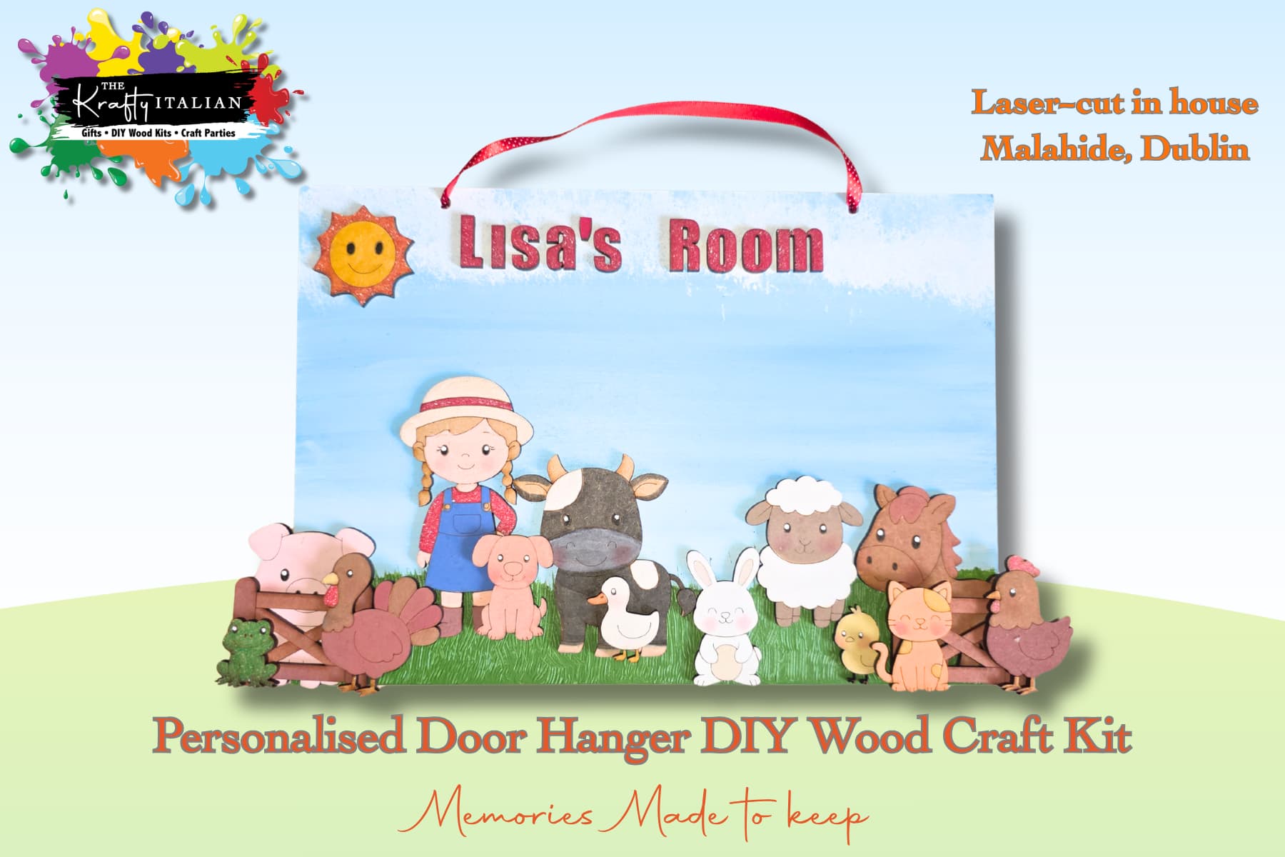 Introducing the Personalised Farm Door Hanger DIY Wood Craft Kit—a charming craft set featuring farm animal shapes, a child figure, and customised “Lisas Room” text. This delightful kit is laser-cut in Malahide, Dublin and comes complete with a vibrant red ribbon. Perfect for creating your own shelf sitter or as inspiration for your next Halloween sweet basket project!.