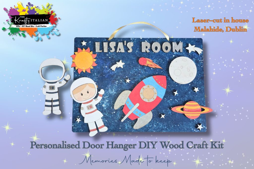 Introducing the Personalised Space Door Hanger DIY Wood Craft Kit by The Krafty Italian—a creative set featuring custom text like “LISA’S ROOM”, along with astronaut, rocket, planets, and stars designs. This kit includes customisable astronaut and planet cut-outs for a unique touch. Ideal for imaginative crafters and space enthusiasts, it’s the perfect DIY project to personalise any room. Pair it with other fun decor such as a Halloween sweet basket shelf sitter DIY kit for even more creativity!.